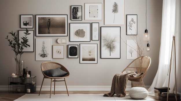 Una foto de la pared de una galería minimalista con obras de arte en blanco y negro