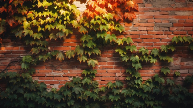 Una foto de una pared de ladrillo rojo con luz solar moteada de hiedra