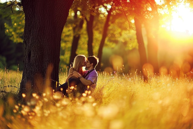 La foto de una pareja abrazándose en el bosque durante el día.