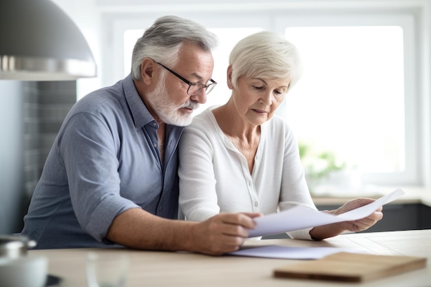 Foto de una pareja de ancianos mirando documentos fiscales creados con IA generativa