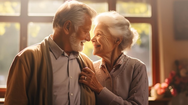 Foto de una pareja de ancianos mirándose con amor genuino