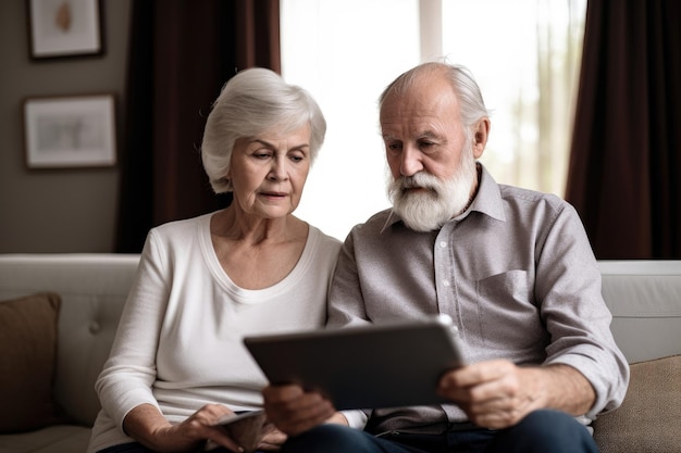 Foto de una pareja de ancianos sentados juntos y usando su tableta digital creada con IA generativa