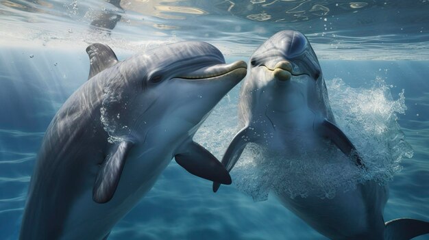 Una foto de una pareja de delfines nadando con gracia