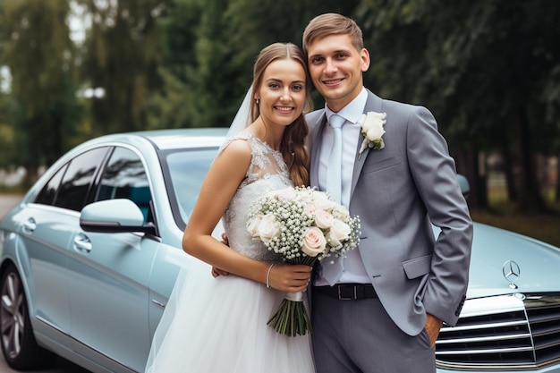 Foto de una pareja feliz delante de su coche