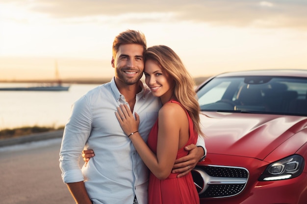 Foto de una pareja feliz delante de su coche