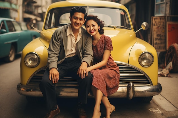 Foto de una pareja feliz delante de su coche