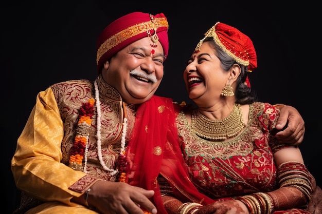 Una foto de una pareja india mayor vestida con ropa tradicional y celebrando Diwali juntos en un estudio.