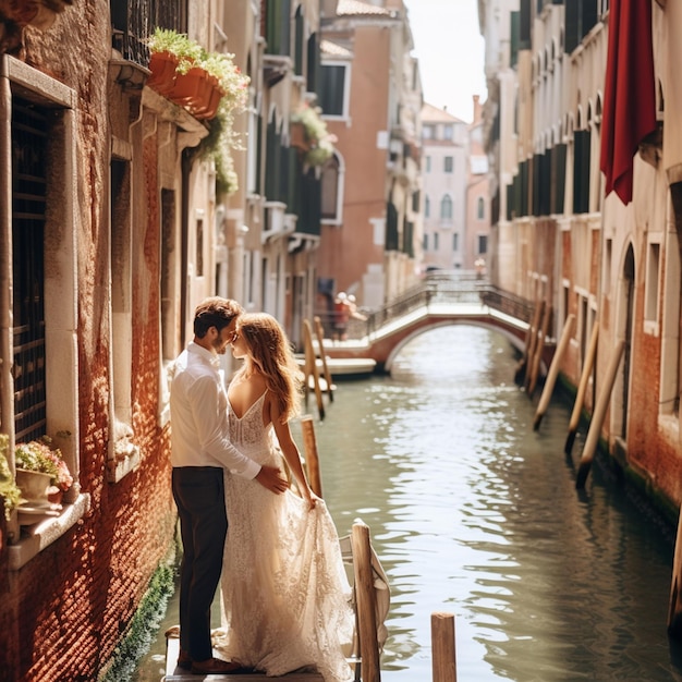 Una foto de una pareja en luna de miel en Venecia.