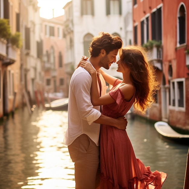 Una foto de una pareja en luna de miel en Venecia.