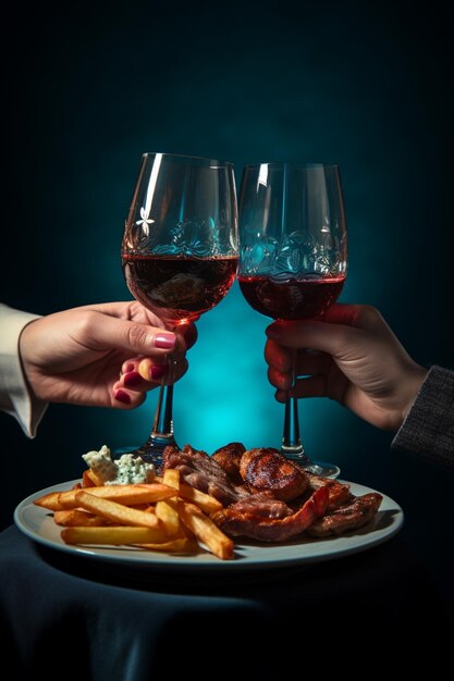 Foto de una pareja de manos sosteniendo copas de vino