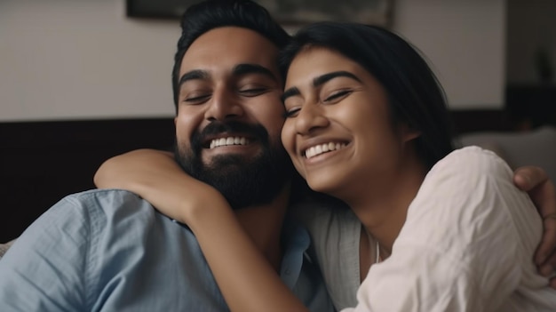 Foto de una pareja de mediana edad sonriente abrazándose