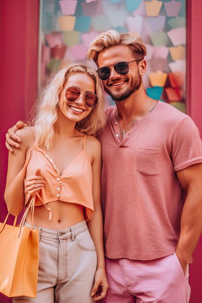 foto de pareja moda fondo rosa bolsa de compras sonriendo feliz verano
