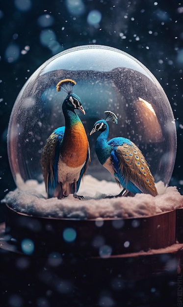Foto pareja de pavos reales sentados encima de un globo de nieve ai generativo
