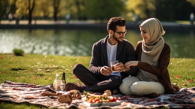 Foto pareja romántica islámica haciendo un picnic