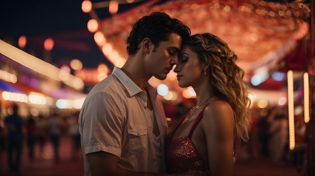 Foto pareja romántica en la noche de carnaval.