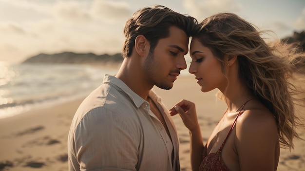 foto pareja romántica en la playa día soleado