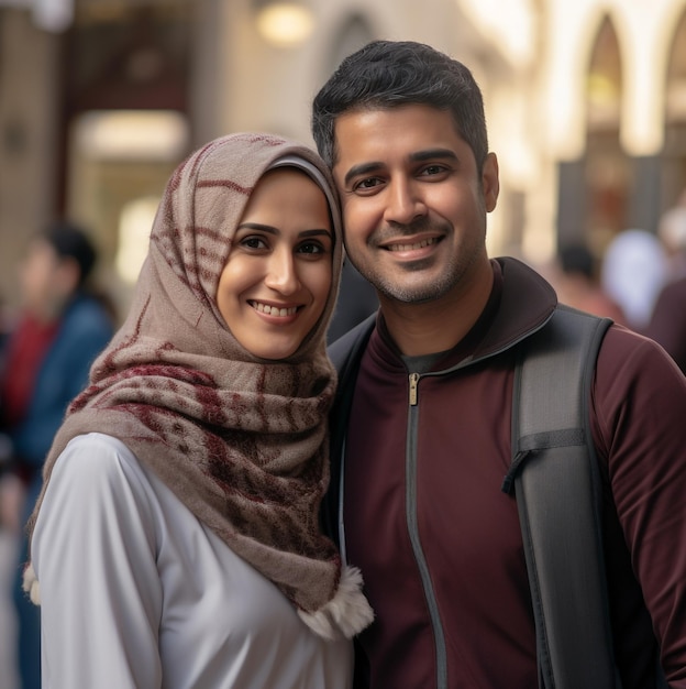 Foto de una pareja sonriente de Oriente Medio abrazándose