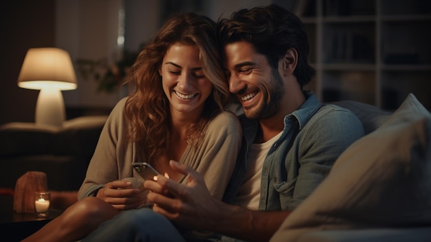 foto de una pareja sonriente en el sofá generada por la IA