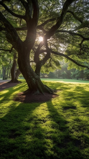 Una foto de un parque con árboles y el sol brillando a través de los árboles.