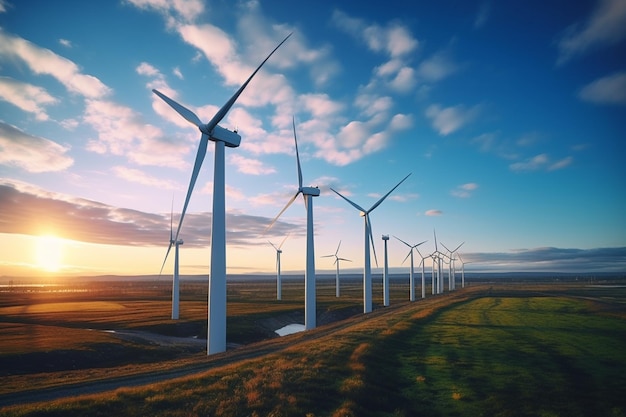 Foto de parque eólico o parque eólico con turbinas eólicas altas para generar electricidadEnergía verde