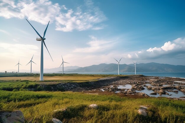 Foto de parque eólico o parque eólico con turbinas eólicas altas para generar electricidadEnergía verde