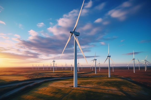 Foto de parque eólico o parque eólico con turbinas eólicas altas para generar electricidadEnergía verde