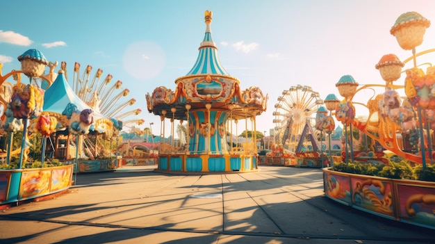 Una foto de un parque temático con coloridos paseos de fondo de día soleado