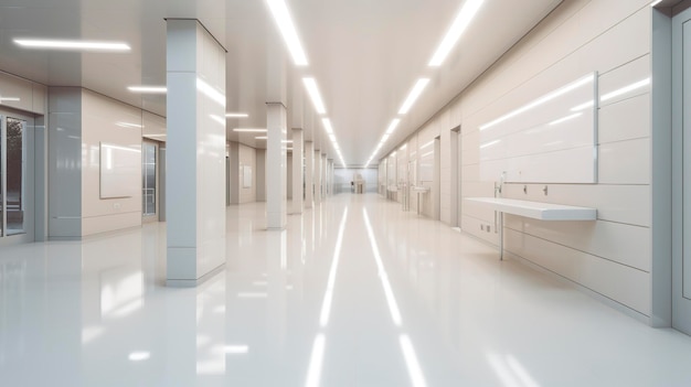Una foto de un pasillo minimalista del hospital con luces elegantes y modernas