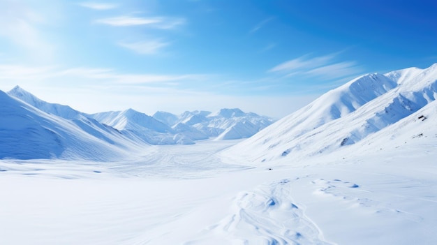 Una foto de un paso de montaña nevado con un cielo azul claro y nieve blanca crujiente