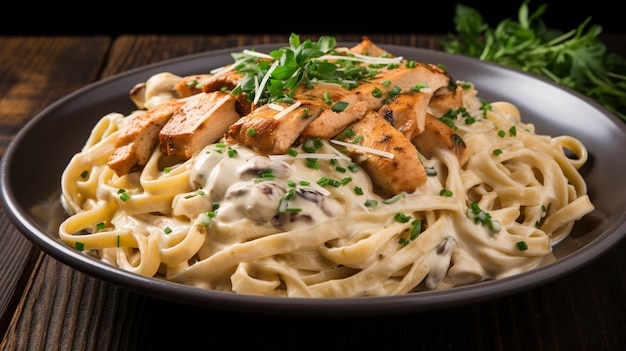 Una foto de pasta con pollo Alfredo