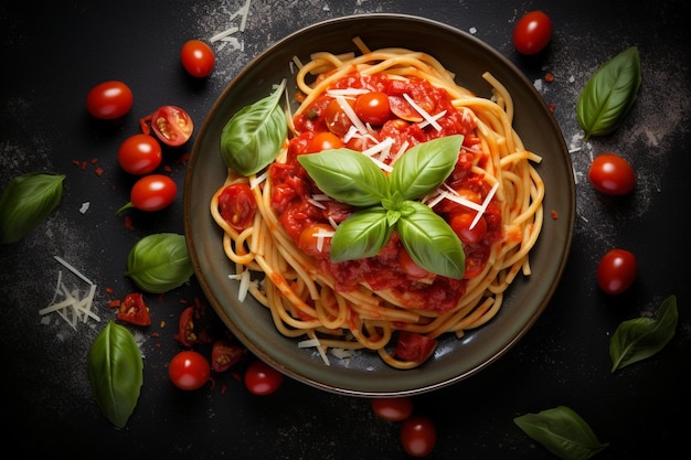 Foto de pasta con tomates y albahaca sobre un fondo gris