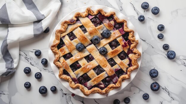 Foto de pastel de arándanos en una encimera de mármol con una toalla blanca al estilo de una revista de comida