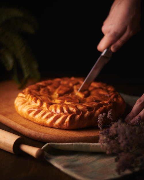 Foto de pastel de carne casero en clave baja Fondo de madera oscura Mujer sostiene un trozo de pastel de carne