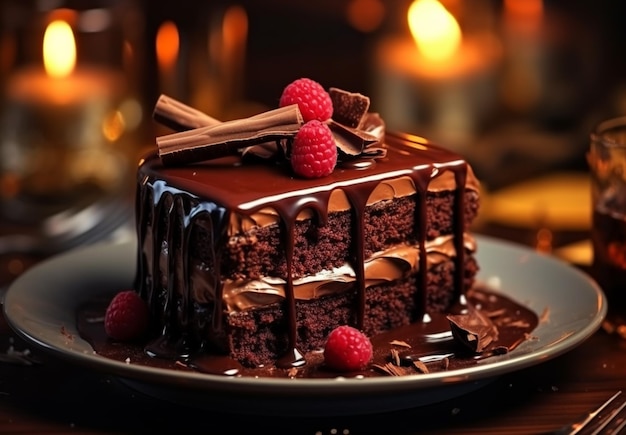 Foto pastel de chocolate con bayas en un fondo desenfocado de luz de lujo
