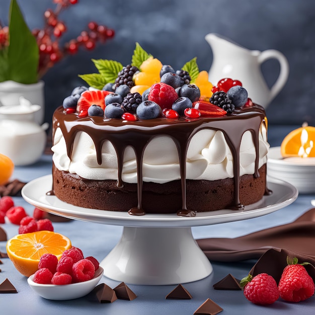 Foto pastel de chocolate con crema batida y frutas Generada por herramientas de IA