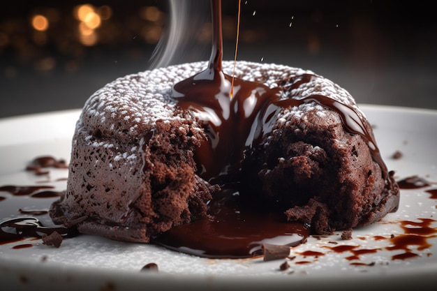 Una foto de un pastel de chocolate rociado con chocolate caliente y hay una deliciosa lava de chocolate.