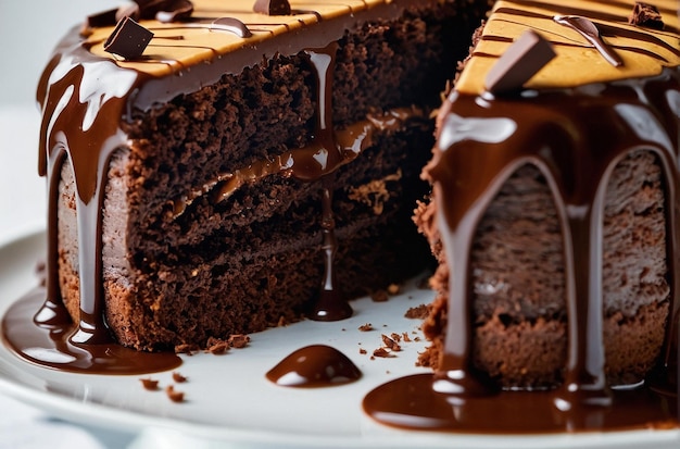 Una foto de un pastel de chocolate sobre un fondo blanco