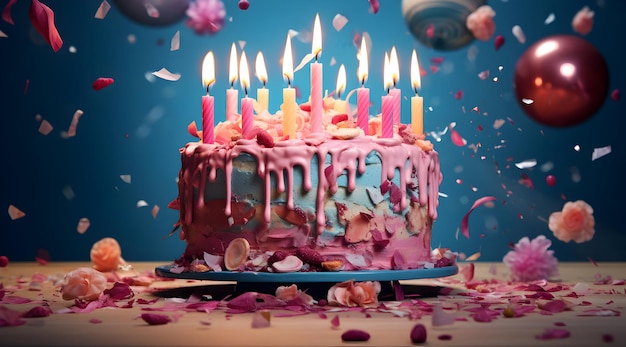 Foto de pastel de cumpleaños con velas y confeti generativo ai
