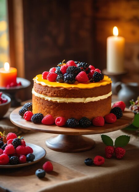 Foto del pastel decorado con bayas sobre la mesa de madera con velas