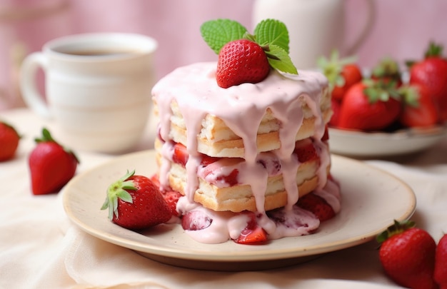 una foto de un pastel con fresas y crema