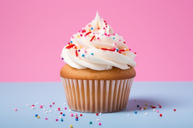 Foto foto de un pastel con salpicaduras coloridas en un telón de fondo rosa pálido ia generativa