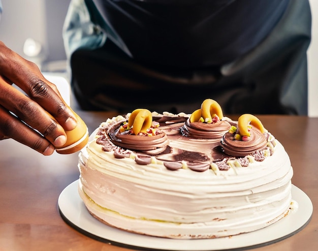 foto de un pastelero decorando hábilmente un pastel hermoso e intrincado