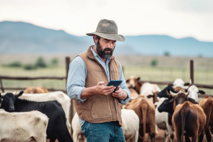 Foto de un pastor mirando su teléfono celular mientras está de pie con su rebaño en una granja