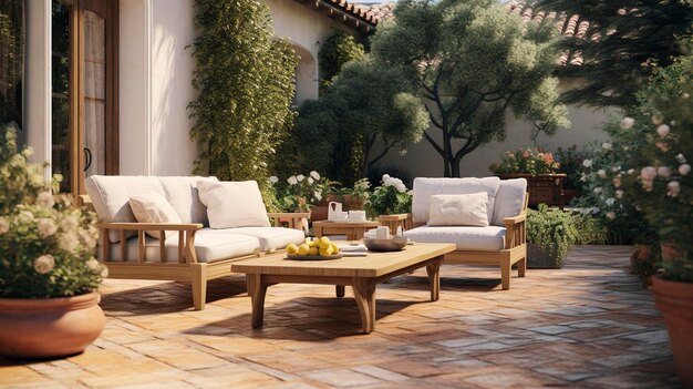 Una foto de un patio ajardinado con muebles y decoración de exterior.