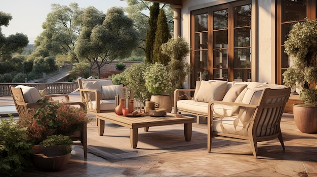 Una foto de un patio sereno con muebles al aire libre