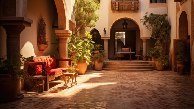 Una foto de un patio tradicional español con pisos de azulejos