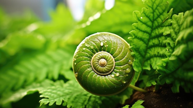 Una foto de un patrón en espiral en un fondo verde frondoso de una concha de caracol