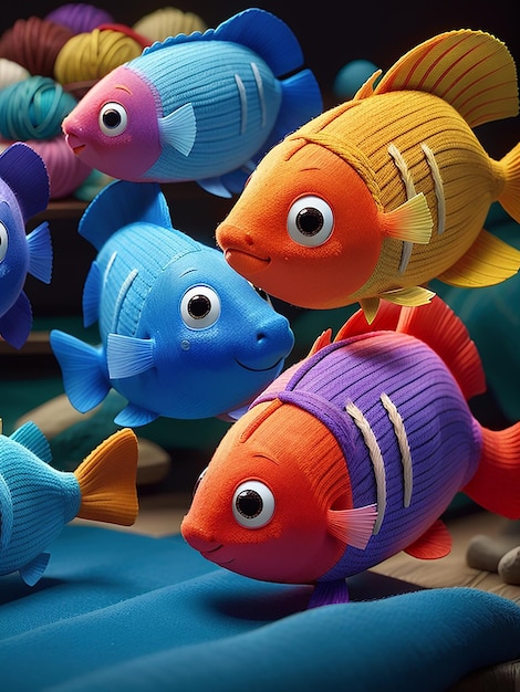 Foto una foto de peces coloridos tejidos con hilo generado por ia