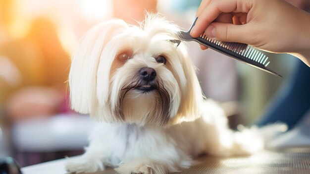 Foto una foto de un peluquero cortando los bigotes de un perro con precisión