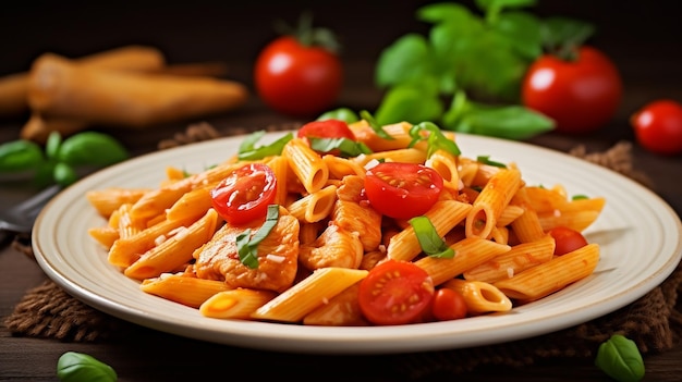 Foto Penne-Nudeln mit Tomatensauce und Hühnchen